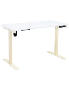 Electric Lift Activated Adjustable Height Table with White Laminate Top and Beige Frame